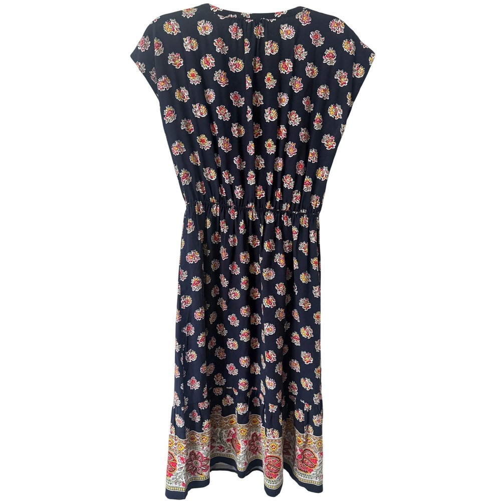 LOFT Womens Navy Blue Floral Boho Midi Dress Cap Sleeve Tassel Waist Small - Picture 2 of 11